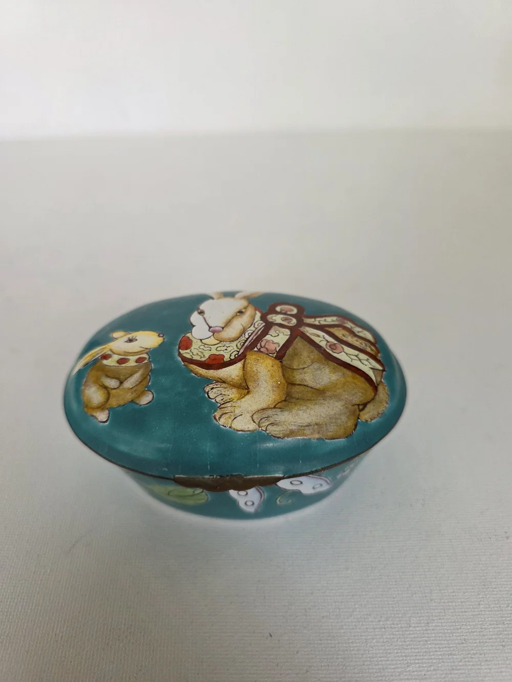 Vintage Stainless Steel Hand-Painted Jewelry Box with Bunny Motif Copper Trim.